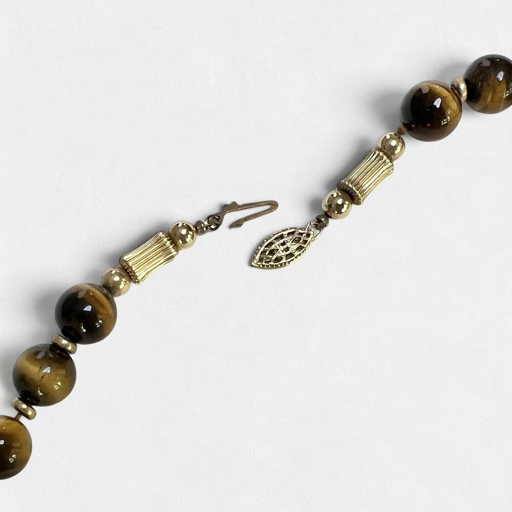 Tigers Eye Beaded Necklace Vintage Gold Tone Fluted Tube Spacers Retro 70s Boho - Picture 10 of 11